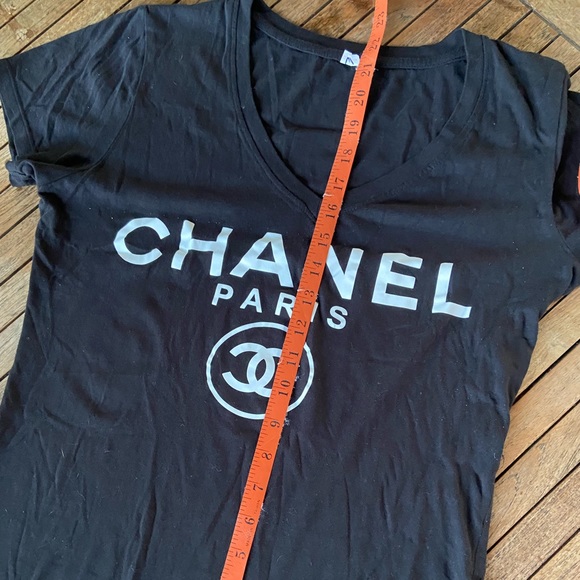 Chanel white logo on black V neck T-shirt. Size marked large, fits like sm/med. - Picture 6 of 6